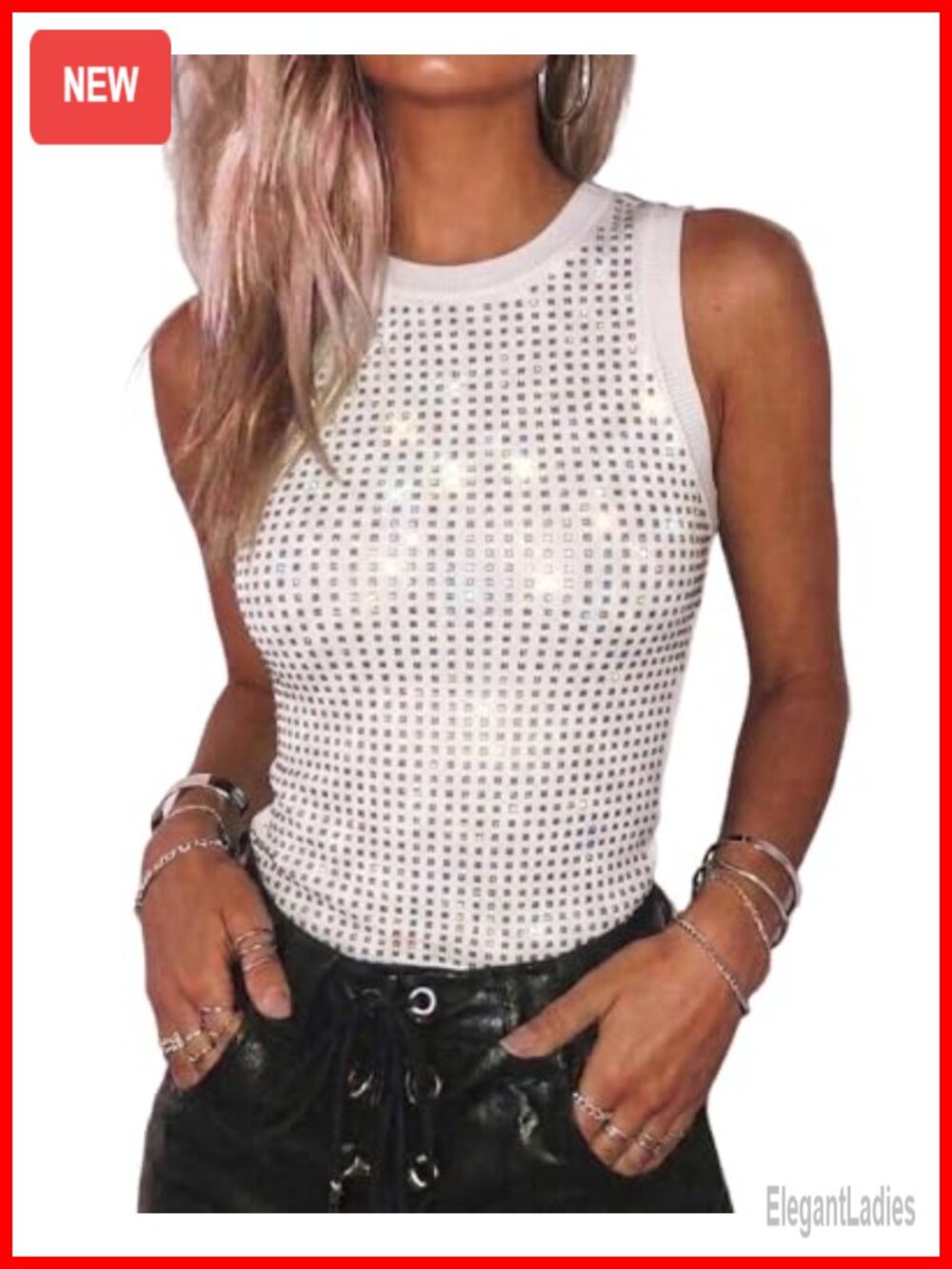 Women's Sleeveless Rhinestone Tank Top Sparkly Ribbed Summer Party Top